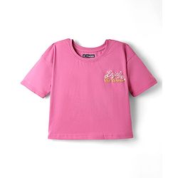 Pine Kids Cotton Knit Half Drop Shoulder Sleeves T-Shirt with Front & Back Beach Theme Print - Pink