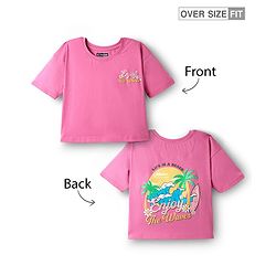 Pine Kids Cotton Knit Half Drop Shoulder Sleeves T-Shirt with Front & Back Beach Theme Print - Pink