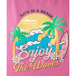 Pine Kids Cotton Knit Half Drop Shoulder Sleeves T-Shirt with Front & Back Beach Theme Print - Pink