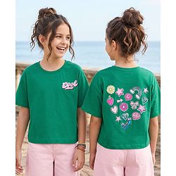 Pine Kids Cotton Knit Half Drop Shoulder Sleeves T-Shirt with Front & Back Text Print - Mint
