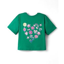 Pine Kids Cotton Knit Half Drop Shoulder Sleeves T-Shirt with Front & Back Text Print - Mint