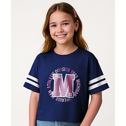 Pine Kids Cotton Knit Half Raglan Sleeves  T-Shirt with Athletic Division Text Print - Navy Blue