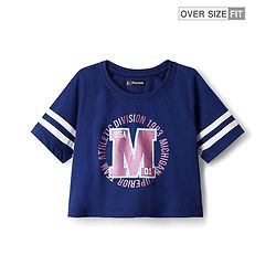 Pine Kids Cotton Knit Half Raglan Sleeves  T-Shirt with Athletic Division Text Print - Navy Blue