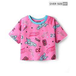 Pine Kids Cotton Knit Half Raglan Sleeves T-Shirt With Atheletic Text Print - Pink