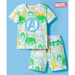 Pine Kids Marvel Single Jersey Knit Half Sleeves T-Shirt & Shorts Set With Avengers Print - Light Green