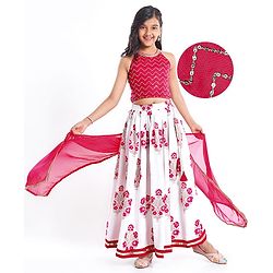 Pine Kids Woven Sleeveless Choli Lehenga  Set & Dupatta with Sequin Design & Floral Print -  Dark Pink