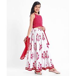 Pine Kids Woven Sleeveless Choli Lehenga  Set & Dupatta with Sequin Design & Floral Print -  Dark Pink