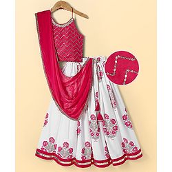 Pine Kids Woven Sleeveless Choli Lehenga  Set & Dupatta with Sequin Design & Floral Print -  Dark Pink