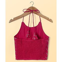 Pine Kids Woven Sleeveless Choli Lehenga  Set & Dupatta with Sequin Design & Floral Print -  Dark Pink