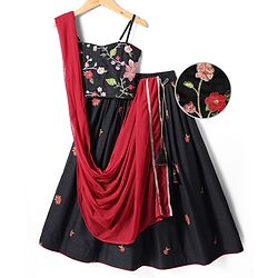 Pine Kids Woven Sleeveless Choli Lehenga Set With Floral Embroidery & Dupatta - Black
