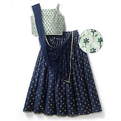 Pine Kids Woven Sleeveless Foil Printed Choli Lehenga Set with Dupatta & Sequin Detailing - Navy Blue
