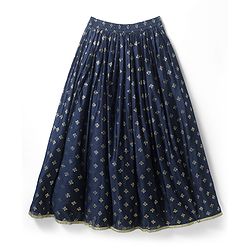 Pine Kids Woven Sleeveless Foil Printed Choli Lehenga Set with Dupatta & Sequin Detailing - Navy Blue
