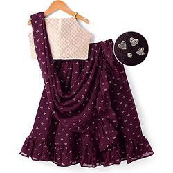 Pine Kids Woven Singlet Sleeves Foil Printed Choli Lehenga Set with Dupatta - Wine