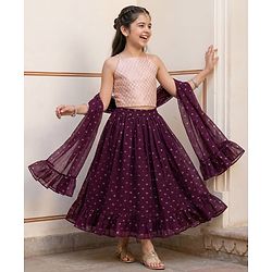 Pine Kids Woven Singlet Sleeves Foil Printed Choli Lehenga Set with Dupatta - Wine