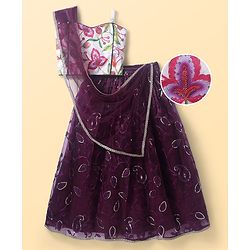 Pine Kids Woven Sleeveless Floral Printed & Embroidery Choli Lehenga Set with Dupatta & Sequin Detailing - Purple