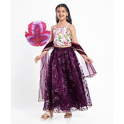 Pine Kids Woven Sleeveless Floral Printed & Embroidery Choli Lehenga Set with Dupatta & Sequin Detailing - Purple