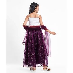 Pine Kids Woven Sleeveless Floral Printed & Embroidery Choli Lehenga Set with Dupatta & Sequin Detailing - Purple