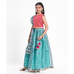 Pine Kids Woven Sleeveless Floral Printed Lehenga Choli & Dupatta Set with Sequin & Lace Detailing - Light Blue & Red