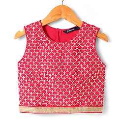 Pine Kids Woven Sleeveless Floral Printed Lehenga Choli & Dupatta Set with Sequin & Lace Detailing - Light Blue & Red