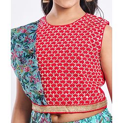 Pine Kids Woven Sleeveless Floral Printed Lehenga Choli & Dupatta Set with Sequin & Lace Detailing - Light Blue & Red