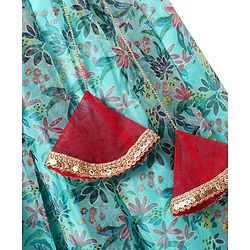 Pine Kids Woven Sleeveless Floral Printed Lehenga Choli & Dupatta Set with Sequin & Lace Detailing - Light Blue & Red