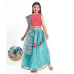 Pine Kids Woven Sleeveless Floral Printed Lehenga Choli & Dupatta Set with Sequin & Lace Detailing - Light Blue & Red