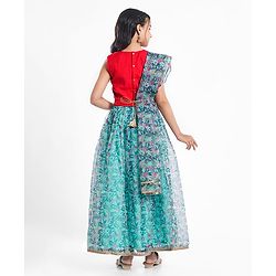 Pine Kids Woven Sleeveless Floral Printed Lehenga Choli & Dupatta Set with Sequin & Lace Detailing - Light Blue & Red