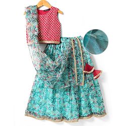 Pine Kids Woven Sleeveless Floral Printed Lehenga Choli & Dupatta Set with Sequin & Lace Detailing - Light Blue & Red