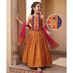 Pine Kids Woven Sleeveless Choli  Lehenga  Set & Dupatta with Floral Embroidery - Orange
