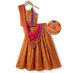 Pine Kids Woven Sleeveless Choli  Lehenga  Set & Dupatta with Floral Embroidery - Orange
