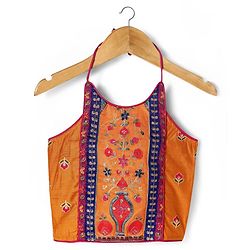 Pine Kids Woven Sleeveless Choli  Lehenga  Set & Dupatta with Floral Embroidery - Orange