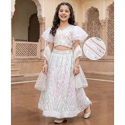 Pine Kids Woven Flutter Sleeves Choli  Lehenga  Set & Dupatta with Sequin Design - White