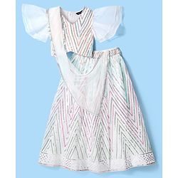 Pine Kids Woven Flutter Sleeves Choli  Lehenga  Set & Dupatta with Sequin Design - White