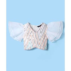 Pine Kids Woven Flutter Sleeves Choli  Lehenga  Set & Dupatta with Sequin Design - White