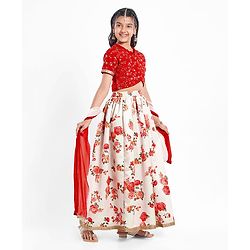 Pine Kids Woven Half Sleeves Choli  Lehenga Set & Dupatta with Floral Sequin Design & Print with Lace Detailing - White & Red