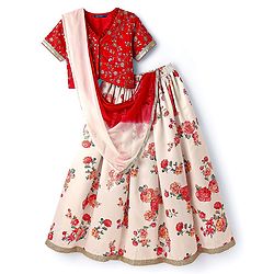 Pine Kids Woven Half Sleeves Choli  Lehenga Set & Dupatta with Floral Sequin Design & Print with Lace Detailing - White & Red