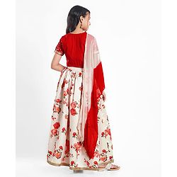 Pine Kids Woven Half Sleeves Choli  Lehenga Set & Dupatta with Floral Sequin Design & Print with Lace Detailing - White & Red