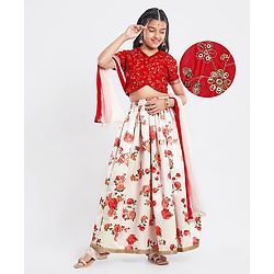 Pine Kids Woven Half Sleeves Choli  Lehenga Set & Dupatta with Floral Sequin Design & Print with Lace Detailing - White & Red