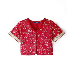 Pine Kids Woven Half Sleeves Choli  Lehenga Set & Dupatta with Floral Sequin Design & Print with Lace Detailing - White & Red