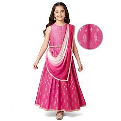 Pine Kids Sleeveless Foil Printed Choli Lehenga Set with Dupatta - Dark Pink