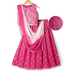 Pine Kids Sleeveless Foil Printed Choli Lehenga Set with Dupatta - Dark Pink