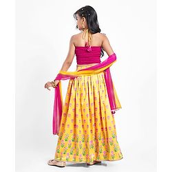 Pine Kids Woven Sleeveless Choli  Lehenga Set & Dupatta with Floral Embroidery - Yellow & Dark Pink