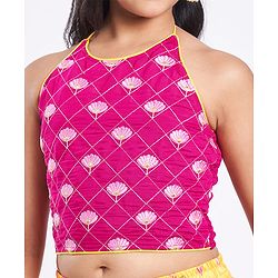 Pine Kids Woven Sleeveless Choli  Lehenga Set & Dupatta with Floral Embroidery - Yellow & Dark Pink