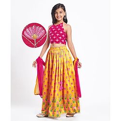 Pine Kids Woven Sleeveless Choli  Lehenga Set & Dupatta with Floral Embroidery - Yellow & Dark Pink