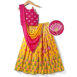 Pine Kids Woven Sleeveless Choli  Lehenga Set & Dupatta with Floral Embroidery - Yellow & Dark Pink