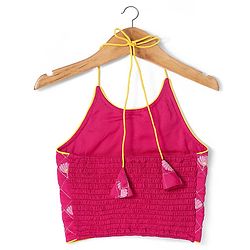 Pine Kids Woven Sleeveless Choli  Lehenga Set & Dupatta with Floral Embroidery - Yellow & Dark Pink