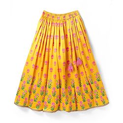 Pine Kids Woven Sleeveless Choli  Lehenga Set & Dupatta with Floral Embroidery - Yellow & Dark Pink