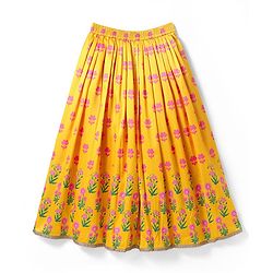 Pine Kids Woven Sleeveless Choli  Lehenga Set & Dupatta with Floral Embroidery - Yellow & Dark Pink