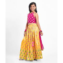 Pine Kids Woven Sleeveless Choli  Lehenga Set & Dupatta with Floral Embroidery - Yellow & Dark Pink
