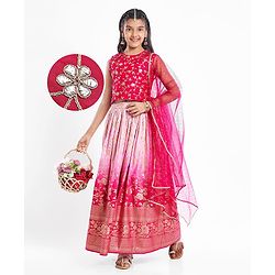 Pine Active Woven Sleeveless Lehenga Choli Set With Sequin Detailing & Floral Embriodery - Pink